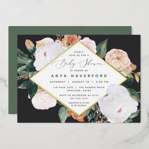 Boho Blooms Elegant Floral Baby Shower Foil Invitation