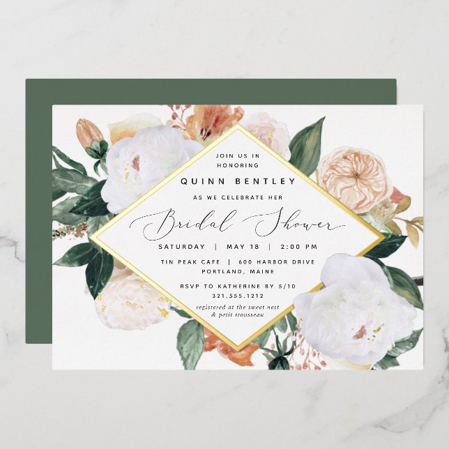 Boho Blooms Floral Bridal Shower Foil Invitation (Front/Back)