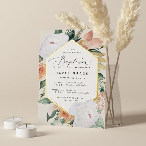 Boho Blooms Modern Floral Baptism Foil Invitation