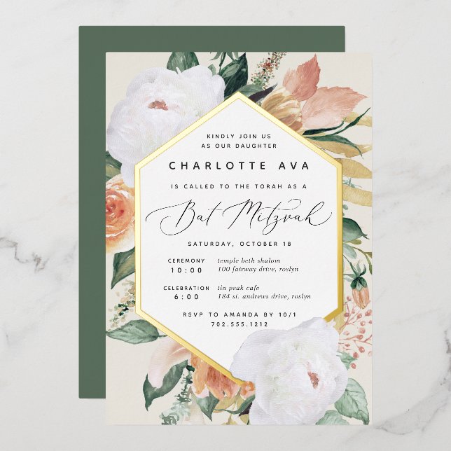 Boho Blooms Modern Floral Bat Mitzvah Foil Invitation (Front/Back)