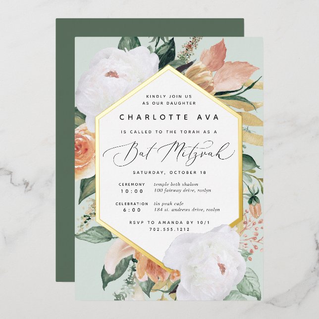 Boho Blooms Modern Floral Bat Mitzvah Foil Invitation (Front/Back)
