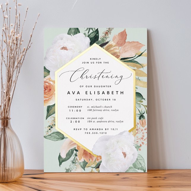 Boho Blooms Modern Floral Christening Foil Invitation (Creator Uploaded)