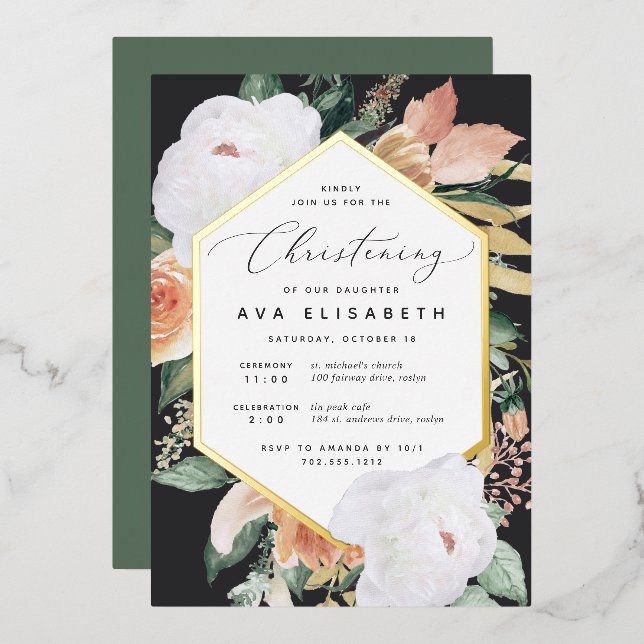 Boho Blooms Modern Floral Christening Foil Invitation (Front/Back)
