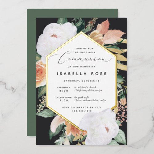 Boho Blooms Modern Floral First Holy Communion Foil Invitation