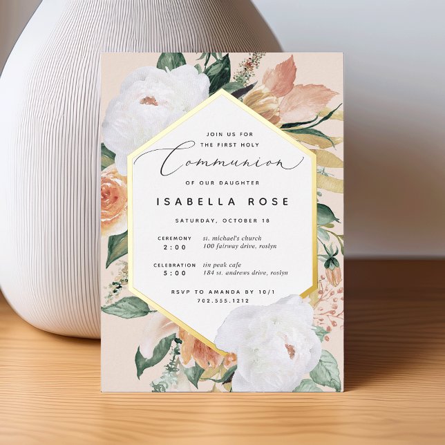 Boho Blooms Modern Floral First Holy Communion Foil Invitation (Creator Uploaded)