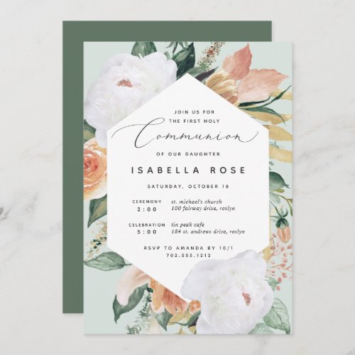 Boho Blooms  Modern Floral First Holy Communion Invitation