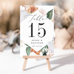 Boho Blooms | Modern Floral Personalized  Table Number<br><div class="desc">Boho chic floral table number cards feature a diamond shaped border of sage green watercolor foliage and flowers in soft desert inspired hues of peach, ivory, and white, framing your table number in rich charcoal. Personalize with your names and wedding date, or name each table for an extra personal touch....</div>