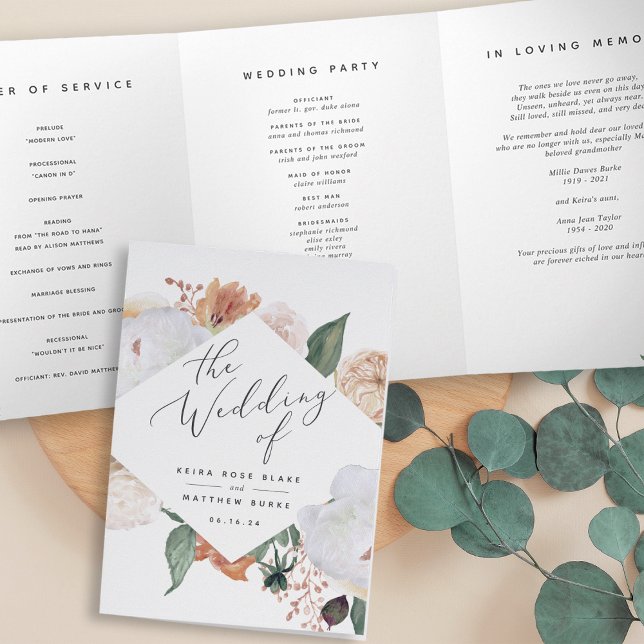 Boho Blooms Modern Floral Wedding Ceremony Tri-Fold Program (Creator Uploaded)