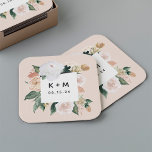 Boho Blooms Modern Floral Wedding Monogram Square Paper Coaster<br><div class="desc">Boho chic wedding coasters feature a square watercolor border of sage green botanical foliage and pastel earth tone flowers in shades of peach,  ivory,  and white,  framing your initials or monogram and event date in modern lettering. Designed to coordinate with our Boho Blooms wedding and event collection.</div>