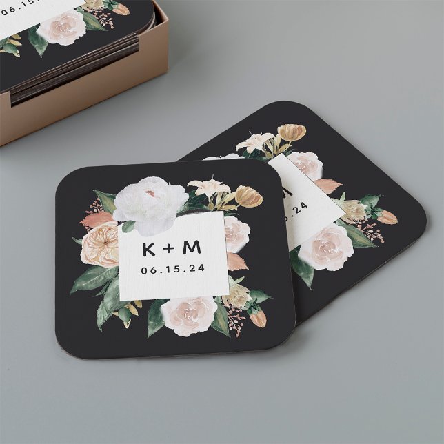 Boho Blooms Modern Floral Wedding Monogram Square Paper Coaster (Creator Uploaded)