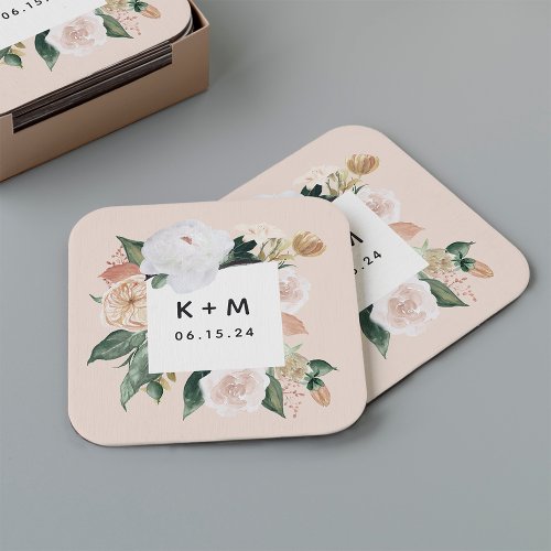 Boho Blooms Modern Floral Wedding Monogram Square Paper Coaster