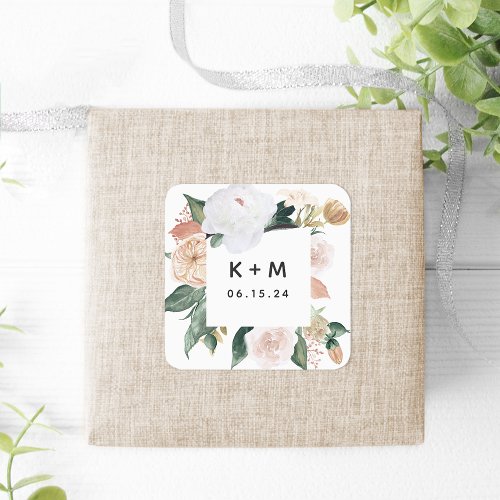 Boho Blooms Modern Floral Wedding Monogram Square Sticker