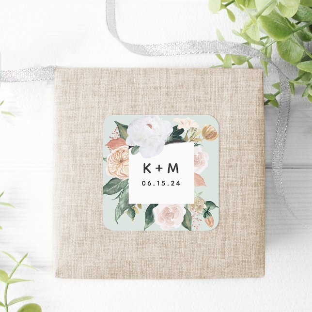 Boho Blooms Modern Floral Wedding Monogram Square Sticker (Creator Uploaded)