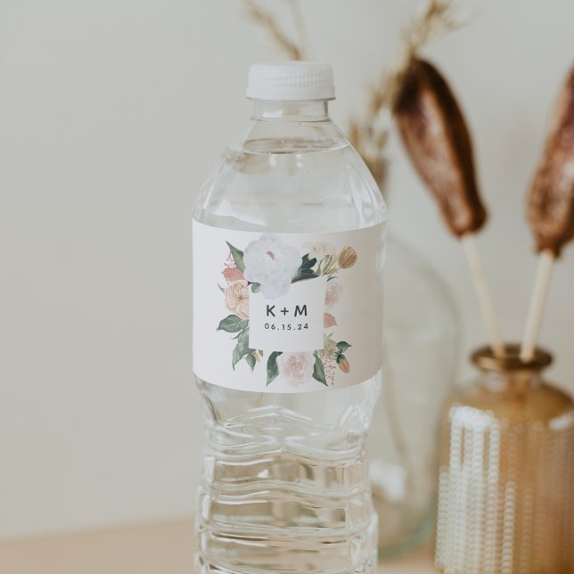 Boho Blooms Modern Floral Wedding Monogram Water Bottle Label (Creator Uploaded)