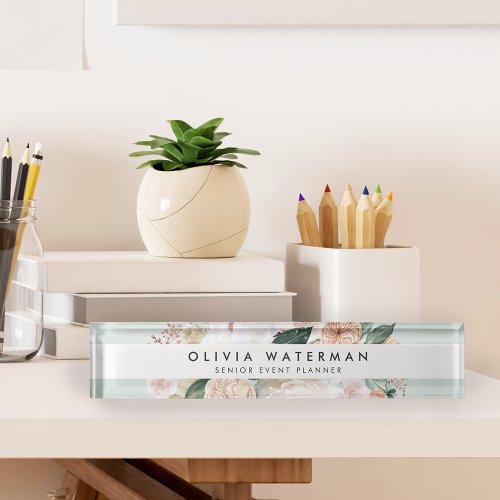 Boho Blooms  Modern Watercolor Floral Desk Name Plate