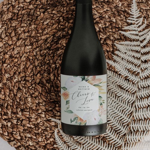 Boho Blooms Personalized Cheers to Love Wedding Wine Label