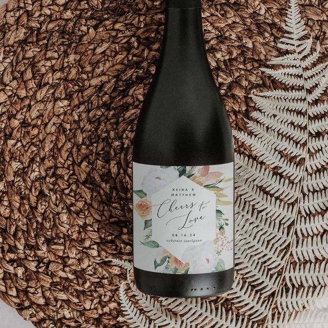 Boho Blooms Personalized Cheers to Love Wedding Wine Label (Creator Uploaded)
