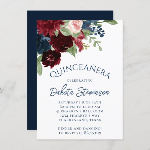 Boho Blooms  Rustic Navy and Burgundy Birthday Invitation