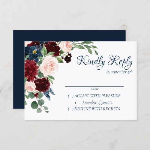 Boho Blooms  Rustic Navy and Burgundy Bouquet RSVP Card