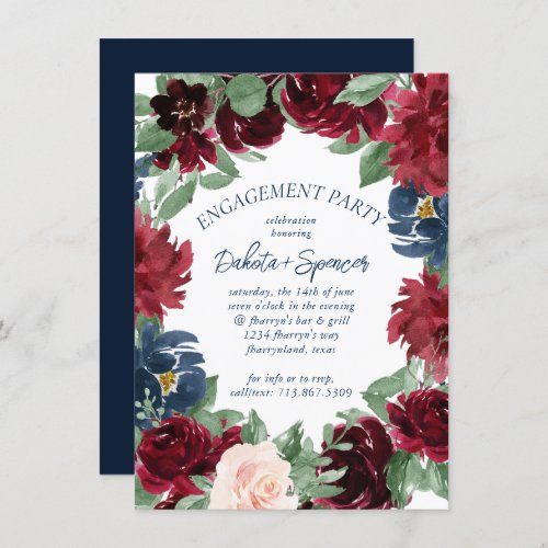 Boho Blooms  Rustic Navy and Burgundy Engagement Invitation