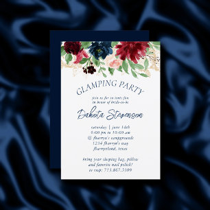 Boho Blooms Rustic Navy and Burgundy Glamping Invitation