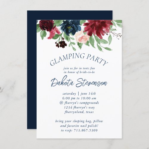 Boho Blooms  Rustic Navy and Burgundy Glamping Invitation