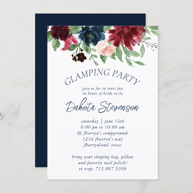 Boho Blooms | Rustic Navy and Burgundy Glamping Invitation (Front/Back)