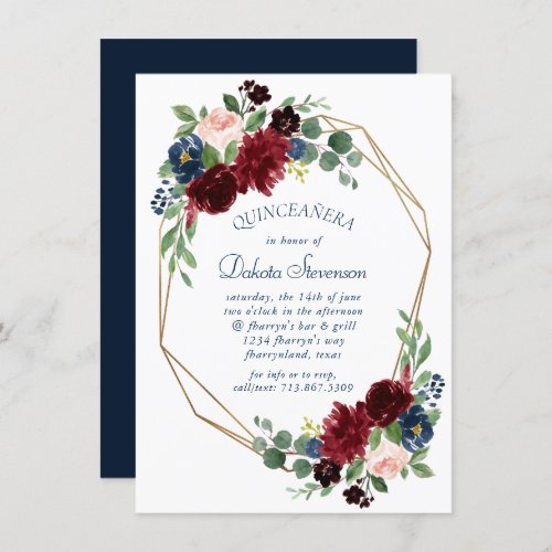 Boho Blooms  Rustic Navy and Burgundy Quinceanera Invitation