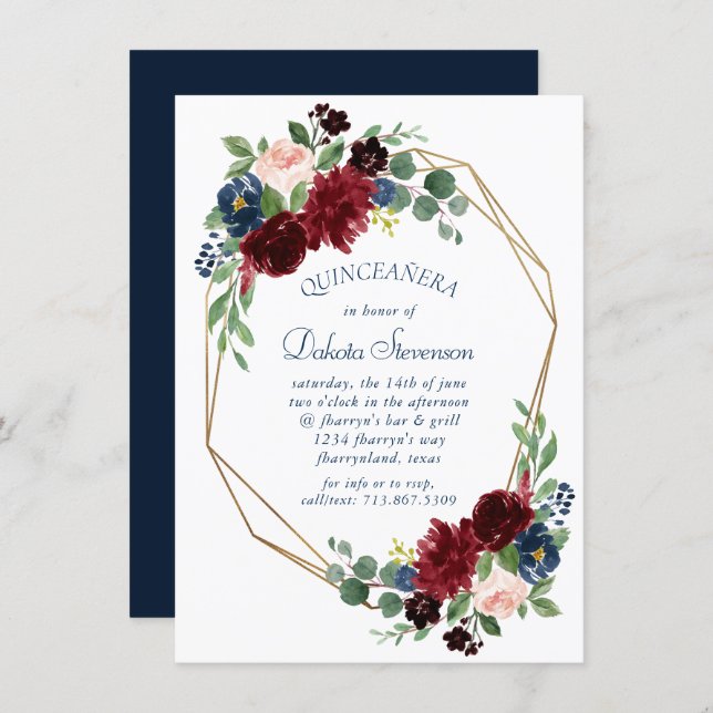 Boho Blooms | Rustic Navy and Burgundy Quinceanera Invitation (Front/Back)