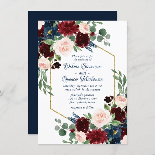 Boho Blooms  Rustic Navy and Burgundy Red Frame Invitation