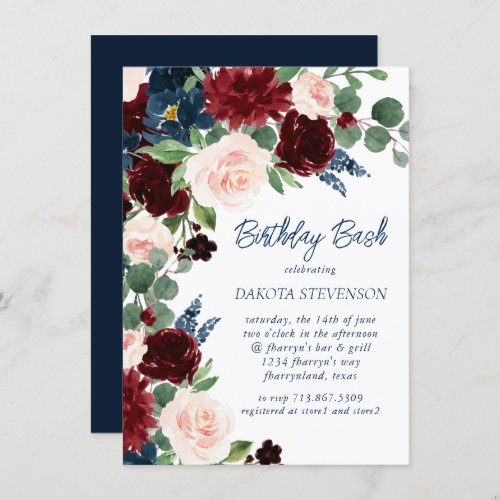 Boho Blooms  Rustic Navy and Burgundy Red Wreath Invitation
