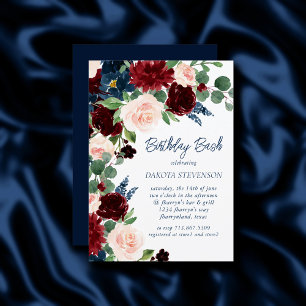 Boho Blooms   Rustic Navy and Burgundy Red Wreath Invitation