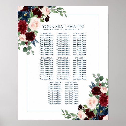 Boho Blooms  Rustic Navy and Burgundy Seat Chart