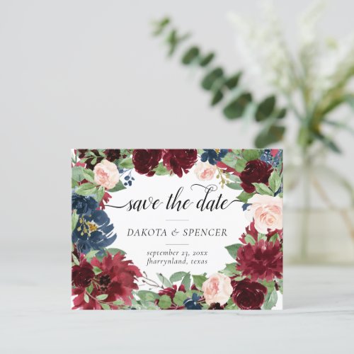 Boho Blooms  Rustic Navy and Red Save the Date Announcement Postcard