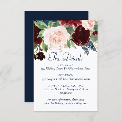 Boho Blooms  Rustic Navy Blue and Burgundy Detail Enclosure Card