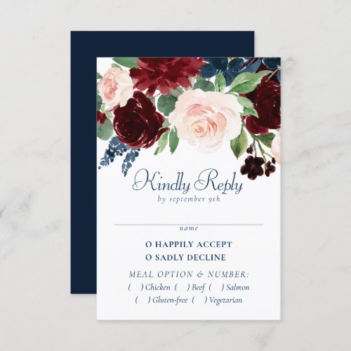 Boho Blooms  Rustic Navy Blue and Burgundy Entree RSVP Card