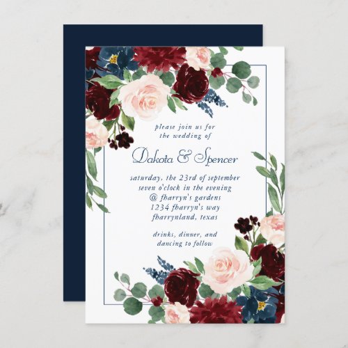 Boho Blooms  Rustic Navy Blue and Burgundy Red Invitation