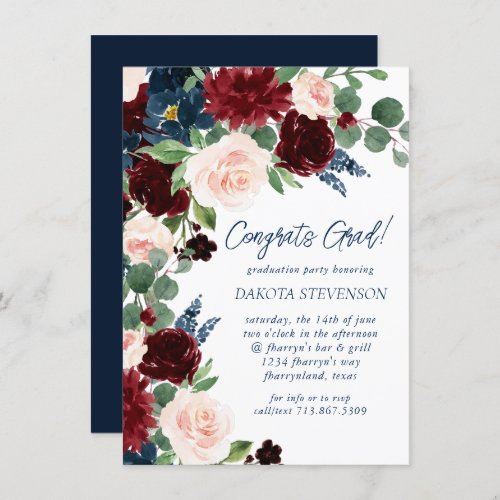 Boho Blooms  Rustic Navy Blue and Burgundy Red Invitation