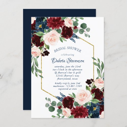 Boho Blooms  Rustic Navy Blue and Burgundy Shower Invitation