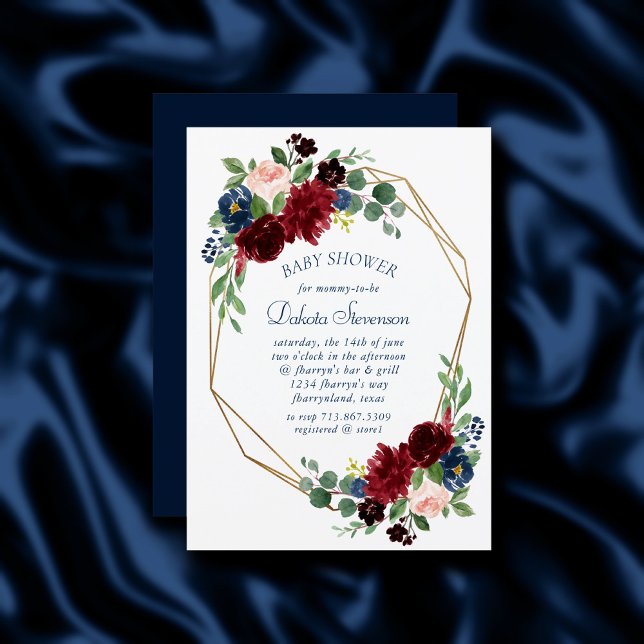 Boho Blooms | Rustic Navy Blue and Burgundy Shower Invitation (Creator Uploaded)