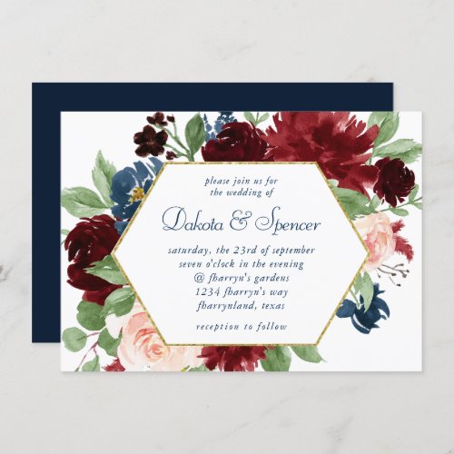 Boho Blooms  Rustic Navy Blue and Burgundy Wreath Invitation