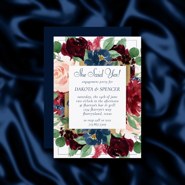 Boho Blooms | Rustic Navy Blue and Burgundy Wreath Invitation (Creator Uploaded)