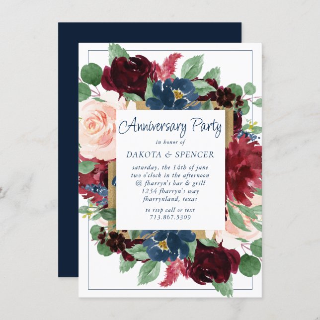 Boho Blooms | Rustic Navy Blue and Burgundy Wreath Invitation (Front/Back)