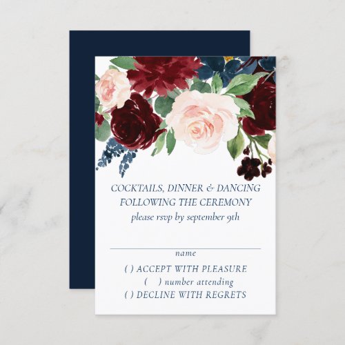 Boho Blooms  Rustic Navy Blue and Burgundy Wreath RSVP Card