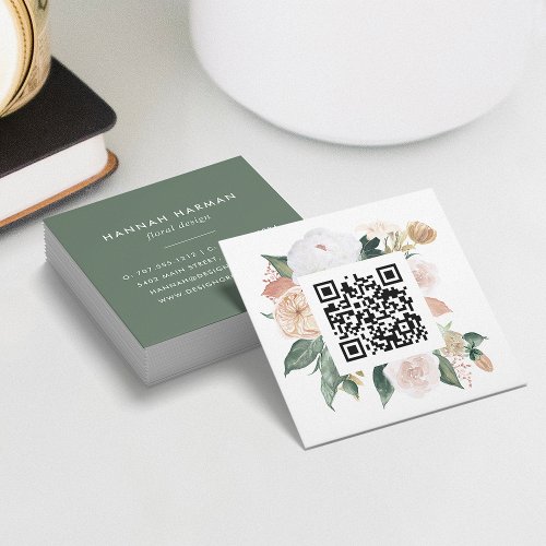 Boho Blooms Watercolor Floral QR Code Square Business Card