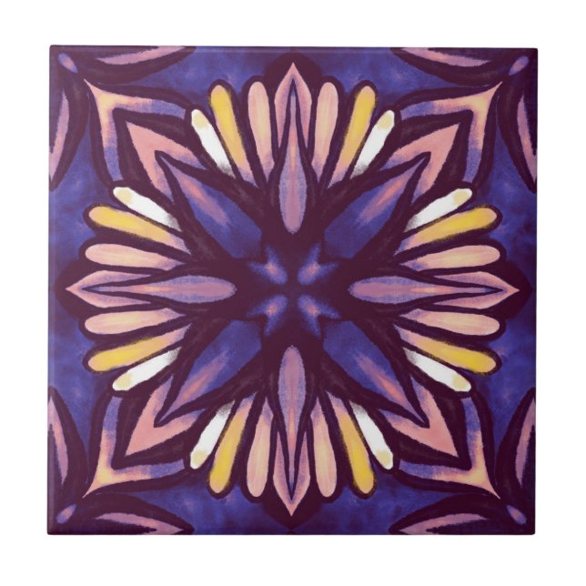 Boho Blossom: Purple Artistic Floral Pattern Ceramic Tile (Front)