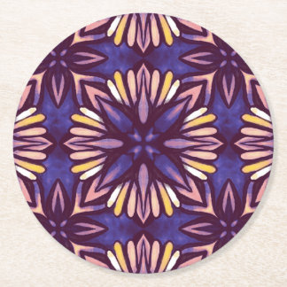 Boho Blossom: Purple Artistic Floral Pattern Round Paper Coaster