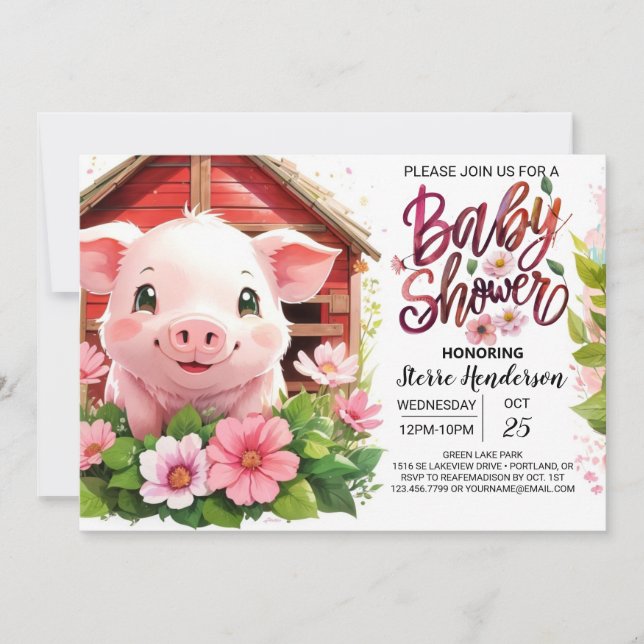 Boho Blossoms Pink Pig Baby Shower Invitation (Front)