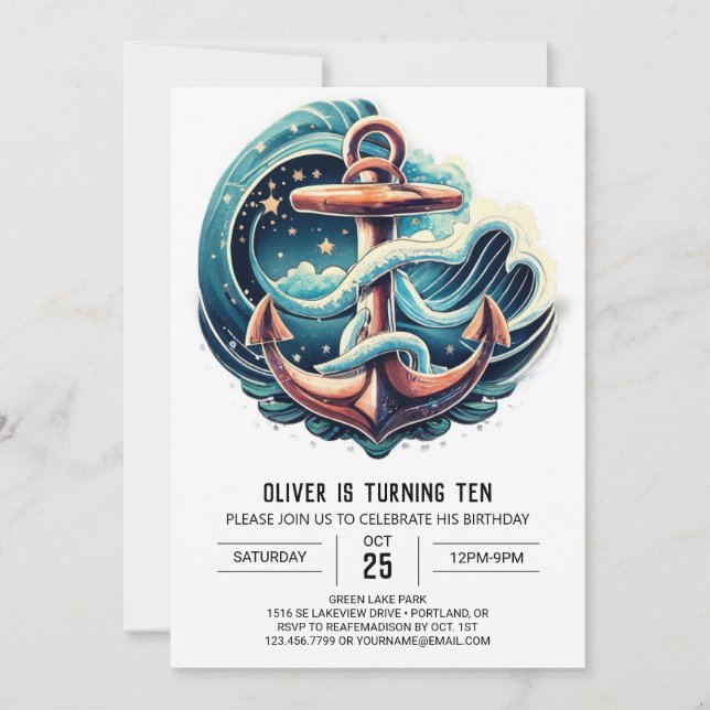 Boho Blue Anchor Birthday Invitation (Front)