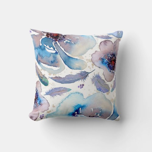 Boho Blue and Blush Modern Floral Watercolors Throw Pillow - Romantic watercolor flowers and boho feathers modern blue pillow